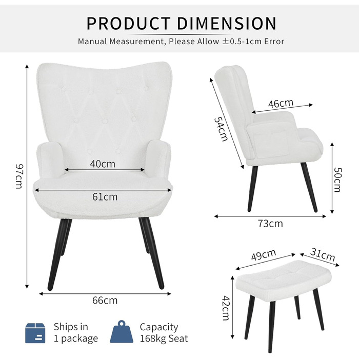 Крісло CLEVICH з підніжкою - Затишне крісло для відпочинку з підніжкою, крісло для читання, крісло з тканини Тедді для вітальні та спальні - До 168 кг, Біле