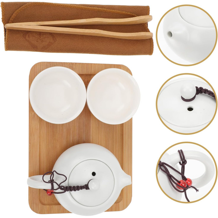 Набір керамічного чайного сервізу для подорожей з чайником та бамбуковим підносом, у зручній сумці для зберігання. Китайський посуд для чаю Кунг-Фу для активного відпочинку та поціновувачів чаю.