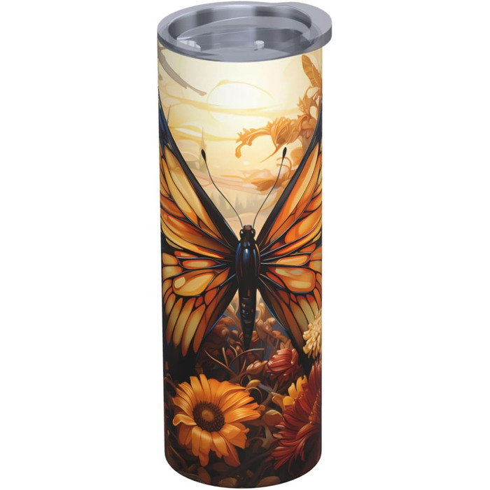 Кухоль з прямою трубочкою, 590 мл, помаранчевий/жовтий, поле метеликів, квіти, дорожній кухоль з принтом, підходить для кемпінгу, офісу та дому