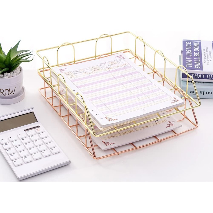 Металевий лоток для документів XINGHE з 2 частин, штабелювані металеві лотки для паперу для столу, для столу, лоток для документів, лоток для листів (рожеве золото)