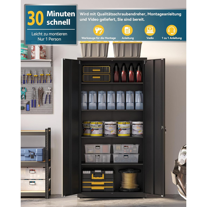 Шафа для документів, багатоцільова шафа, сталева шафа для зберігання, шафа для майстерні, 180 x 80 x 40 см, чорна 181,5 В см чорна