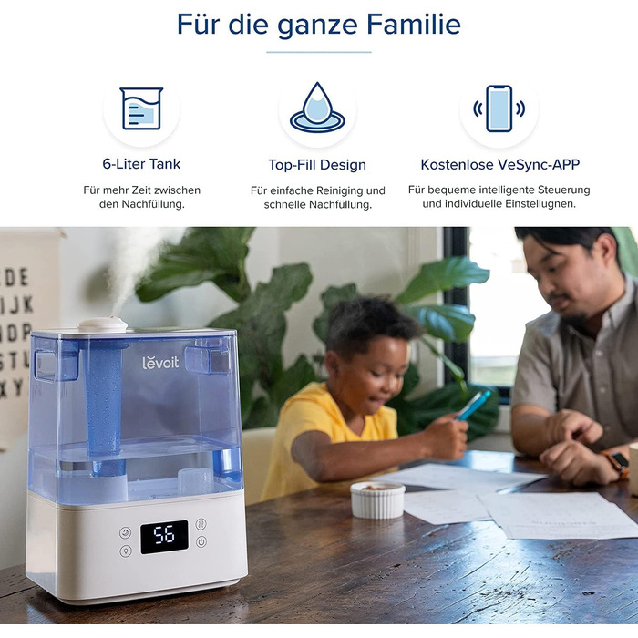 Зволожувач повітря LEVOIT 6L для великих приміщень спальня до 47 м, час роботи зволожувача 60 годин, зволожувач повітря з верхнім