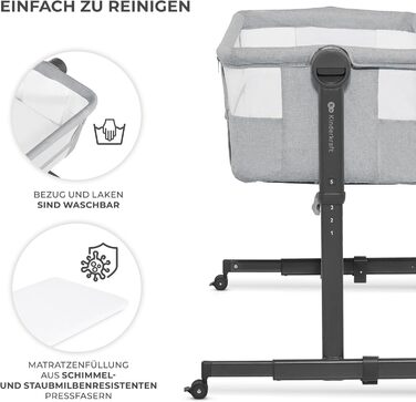 В-1 приліжкове ліжечко, дорожнє ліжечко з матрацом та простирадлом, 5-рівневе регулювання висоти матраца, 4 колеса з гальмами, м&39який матеріал, легка конструкція, сірий Neste Grey, 2 2-
