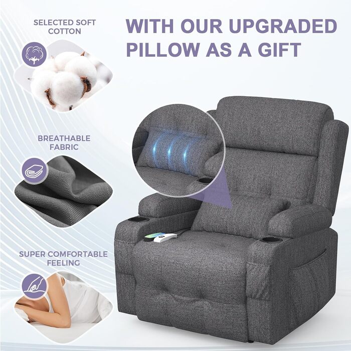Крісло для телевізора з розкладним підйомником, масажне крісло з електрорегулюванням та функцією підігріву, функція відкидання, 2 підстаканники, 4 бічні кишені, порти типу C та USB, крісло для телевізора з підставкою для ніг, вітальня, темно-сірий