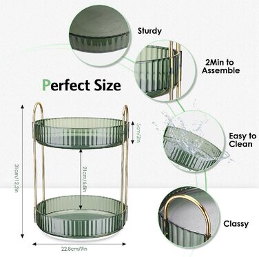 Органайзер для макіяжу Huiguli поворотний, органайзер для догляду за шкірою, органайзер для косметики 360, багатофункціональний органайзер для ванної кімнати, спальні, туалетний столик (золото, 3 ярус) зелений 2 ярус