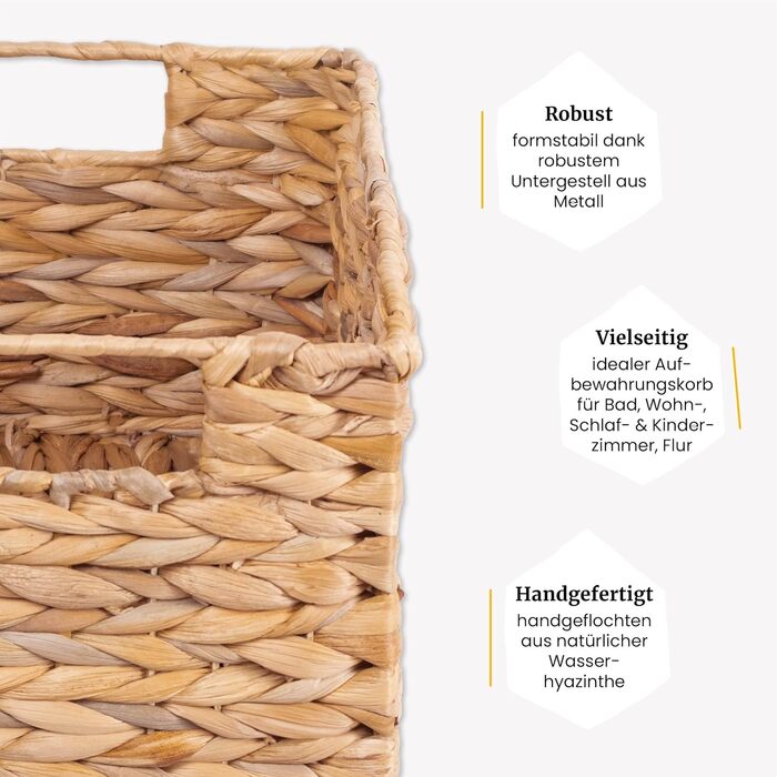 Прямокутний кошик для зберігання FRIHET, плетений з водяного гіацинта Коробка для зберігання з ручками Невеликий кошик для білизни, органайзер для гардеробу та багато іншого Різні розміри (, розмір 3) Розмір 3