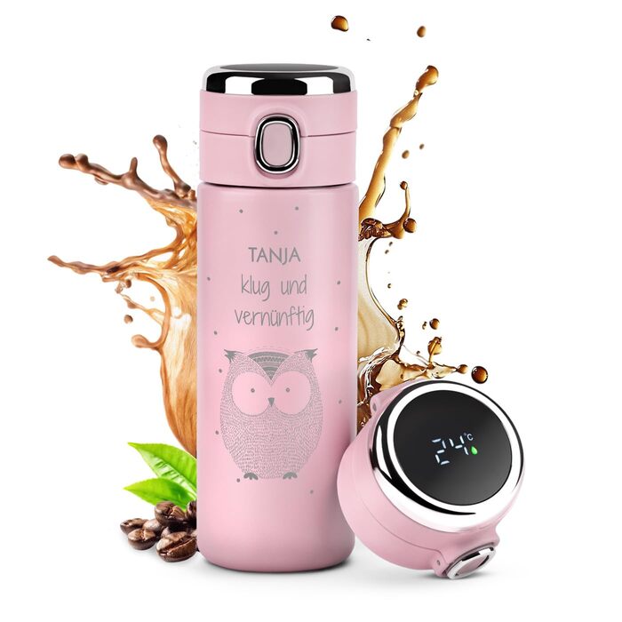 Термокружка Maverton з гравіюванням, 400 мл - Пляшка для води з нержавіючої сталі - зі світлодіодним дисплеєм температури - Герметична, 100 водонепроникна - Для жіночих днів народження - Рожева - Сова