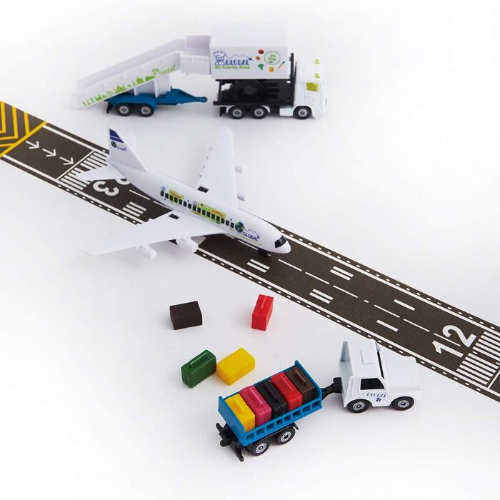 Набір для аеропорту, Метал/Пластик, Білий, Включає авіалайнер, кейтерінговий автомобіль, причіп з пасажирськими сходами, тягач для аеропорту, багажний причіп та 5-метрову стрічку для злітно-посадкової смуги, 6312