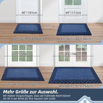 Килимок BEQHAUSE для прихожих, 60 x 90 см, миючий килимок для вловлювання бруду, нековзний TPR, підходить для входів, передніх дверей та коридорів, темно-синій, 60 x 90 см