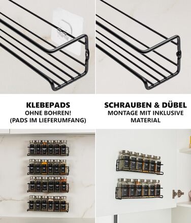 Настінна підставка для спецій Deco haus (свердління не потрібне) З 24 БАНКАМИ ДЛЯ СПЕЦІЙ ТА ЕТИКЕТКАМИ - Підвісна підставка для спецій, комплект з 4 шт. - Чорний тримач для спецій (свердління не потрібне) - Органайзер для спецій - Кришки з нержавіючої ста