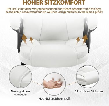 Офісне крісло Yaheetech, крісло керівника, ергономічне поворотне крісло з високою спинкою, комп&39ютерне крісло, зручне робоче крісло з регульованою висотою, офісне крісло зі штучної шкіри, піна високої щільності, функція гойдання, біле, біле, штучна шкір