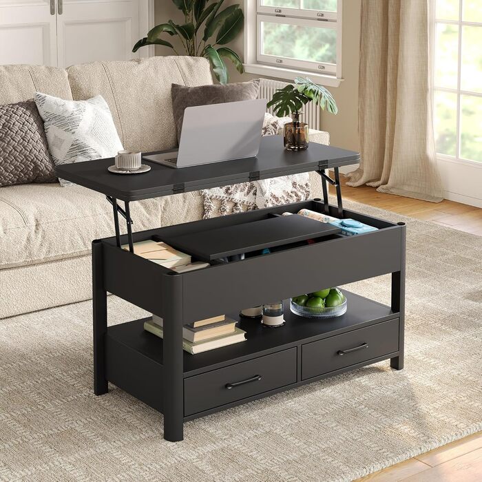 Регульований по висоті журнальний столик з шухлядами та потайним відділенням, стіл для вітальні, що трансформується в обідній стіл, чорний
