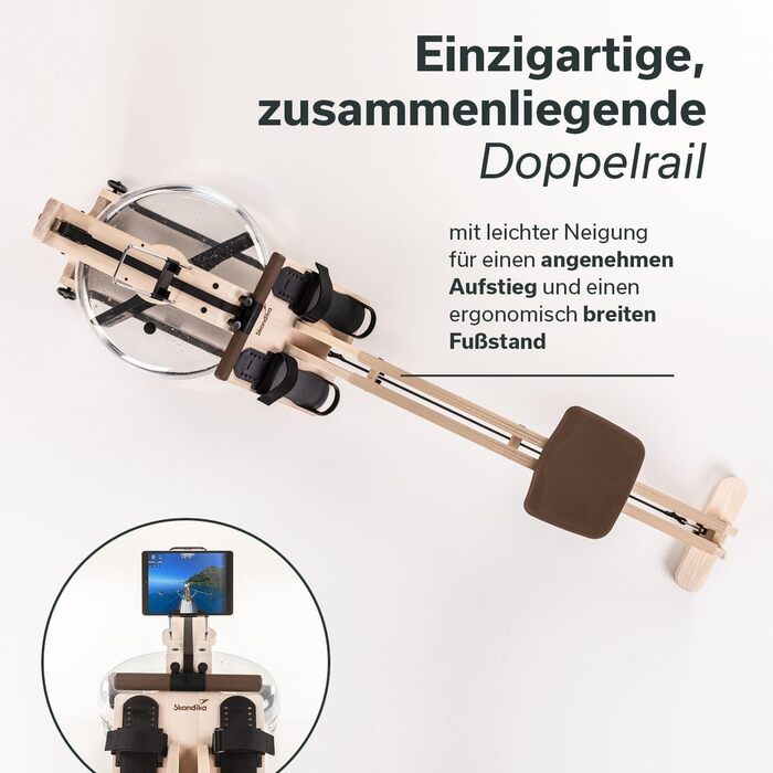 Водний гребний тренажер преміум-класу Skandika Styrke Зроблено в Німеччині, дерев&39яний водний гребний тренажер, функція застосунку Kinomap, домашній гребний тренажер, масив ясена з Німеччини, природний досвід веслування, до 180 кг, арктично-білий, корич