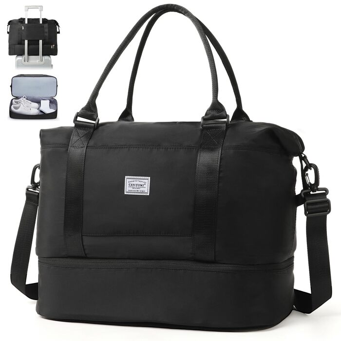 Дорожня сумка TANTOMI Ручна поклажа, Жіноча спортивна сумка, 46x23x32 см, Сумка для ручної поклажі, Сумка на вихідні, Водонепроникна дорожня сумка, Сумка для тренувань, Сумка для лікарні, Сумка для народження, Підходить для відпочинку, Кемпінгу, Чорна 1-2