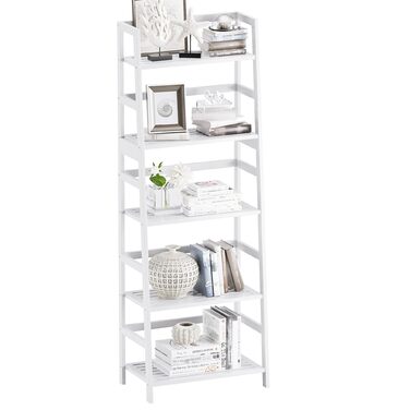 Полиця-драбина, 5-ярусна книжкова шафа, повнорозмірна бамбукова міцна книжкова шафа, окремостояча відкрита дерев&39яна полиця, сучасна кутова підставка для вітальні, домашнього офісу, ванної кімнати, біла