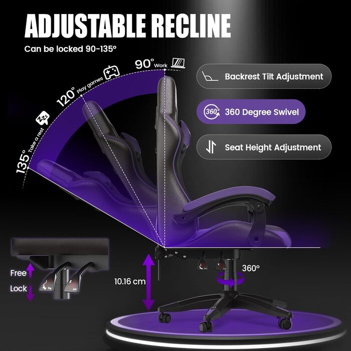 Геймерське крісло, ігрове крісло для ПК з м&39якою підкладкою та підголівником, шкіра PU, регулювання нахилу та висоти 90-155, ігрове крісло для геймерів, офісів, сімей, дорослих та підлітків (чорне/фіолетове) Базова модель чорного/фіолетового кольору
