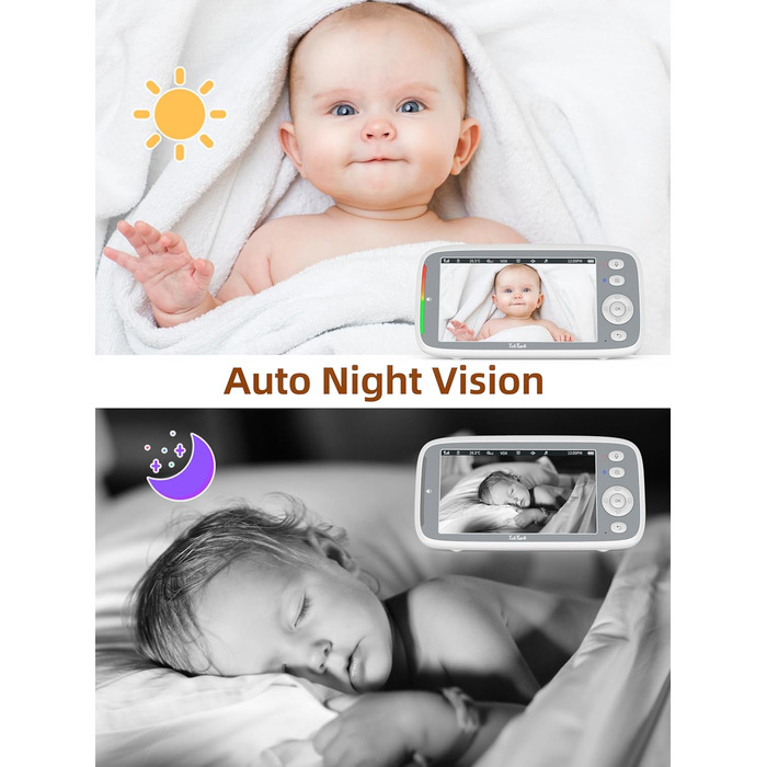 Монітор-няня з камерою, 5&39&39 720P IPS Монітор-няня з камерою Відео-няня з камерою з поворотною камерою Pan-Tilt 300 Монітор-нян