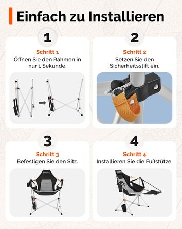 Легке крісло-гойдалка для кемпінгу KingCamp, складне крісло-гойдалка для кемпінгу з 3 регульованими спинками, розкладне вуличне крісло-гойдалка з тримачем для напоїв, підвісне крісло-гойдалка для використання в приміщенні, вітальня, сад, патіо, чорне з пі