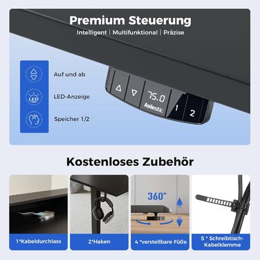 Стіл Agilestic з регульованою висотою та 2 шухлядами, 120 x 60 см Міцний стіл з електричним регулюванням висоти, ергономічний комп&39ютерний стіл для роботи сидячи та стоячи, чорний 120 x 60 см