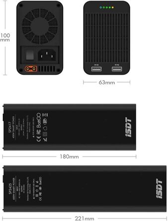 Портативний блок живлення ISDT, накопичувач енергії, 400 Вт, 17 А, генератор акумуляторів, 240 В змінного струму, 1 порт постійного струму та 2 USB-виходи для заряджання, для подорожей, кемпінгу, екстреного використання з літій-/літій-полімерними/літій-іо