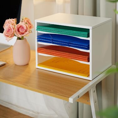 Лоток для документів Relaxdays, 4 відділення, ВШХ 28 x 35,5 x 25 см, DIN A4, офісний лоток для листів, настільний, ДВП, білий