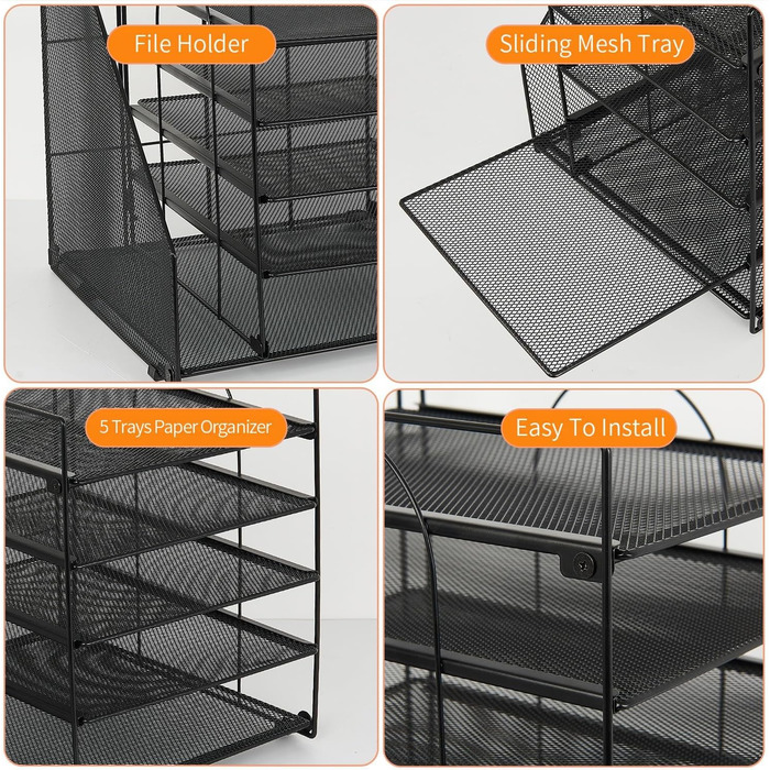 Органайзер для столу та аксесуари, 5-ярусний лоток для паперу з тримачами для файлів, офісний органайзер для зберігання канцелярського приладдя та документів (чорний)