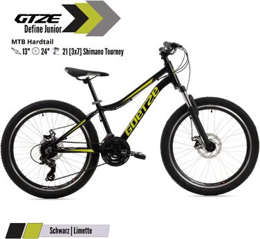 Дитячий гірський велосипед Goetze Define Junior 24 дюйми Перемикач швидкостей на 21 швидкість Алюмінієва рама Амортизаційна вилка Передні та задні дискові гальма Для віку 814 років 90 попередньо зібраний Чорний Лаймовий