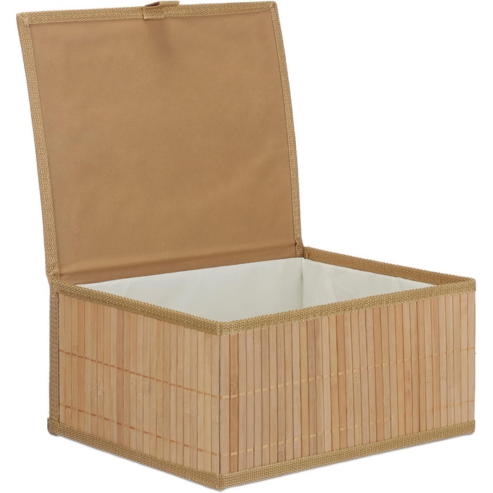 Кошик для зберігання Relaxdays 10024308126, набір із 3 предметів, з кришкою та тканинною підкладкою, бамбуковий кошик, декоративна коробка для зберігання, 3 розміри, натуральний, натуральні кольори