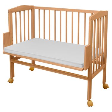 Приліжкове ліжечко Waldin з матрацом, регульована по висоті, натуральна необроблена деревина, велика поверхня для лежання 90x55 см (90Д x 60Ш x 80В см), натуральна необроблена деревина