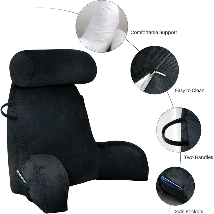 Подушка для читання - Оксамитова подушка для читання для сидіння в ліжку, для дорослих, подушка для спини для сидіння в ліжку з круглою подушкою, подушка для спини та підлокітників з підлокітником та кишенею та чохлом, що прається, чорна