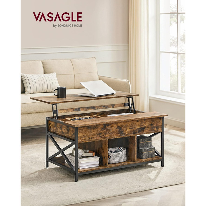 Журнальний столик VASAGLE, стіл для вітальні з регульованою висотою, журнальний столик, відкрите та приховане місце для зберігання, X-подібні стійки, 60 x 100 x (48-62) см, вінтажний коричнево-чорний LCT205B01 60 x 100 x (48-62) см Коричневий