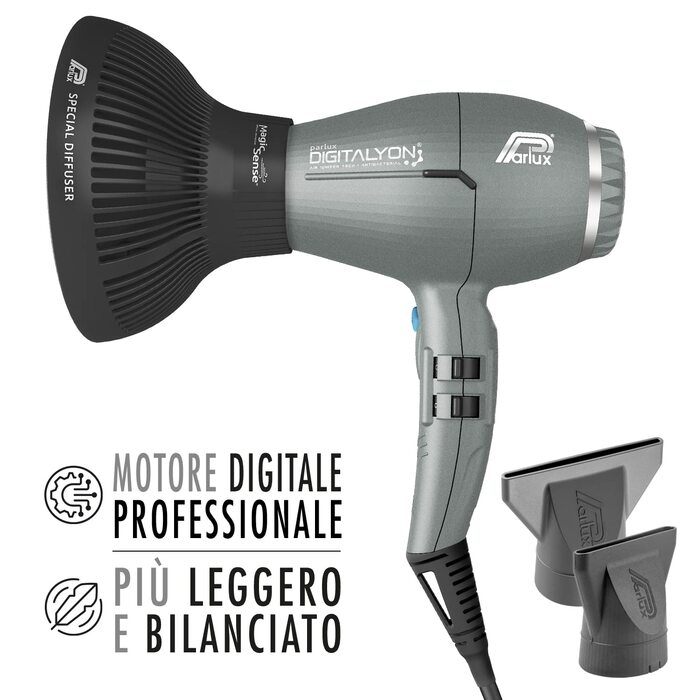З дифузором MagicSense, професійний цифровий фен з негативними іонами, дуже легкий і потужний, зроблений в Італії (сірий блиск) Сі