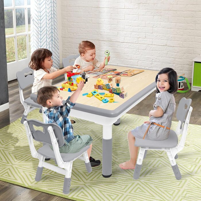 Дитячий стіл AufuN з 4 стільцями, комплект дитячих сидінь з регульованою висотою, комплект столу та стільців для дитячого садка та дитячої кімнати, простий у догляді стіл для малювання для класних кімнат, пластикові дитячі меблі, сірий