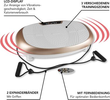 Вібротренажер VITALmaxx з 30 рівнями вібрації та 3 програмами та РК-дисплеєм Тренування всього тіла в домашніх умовах, включаючи еспандери та пульт дистанційного керування Шампанське