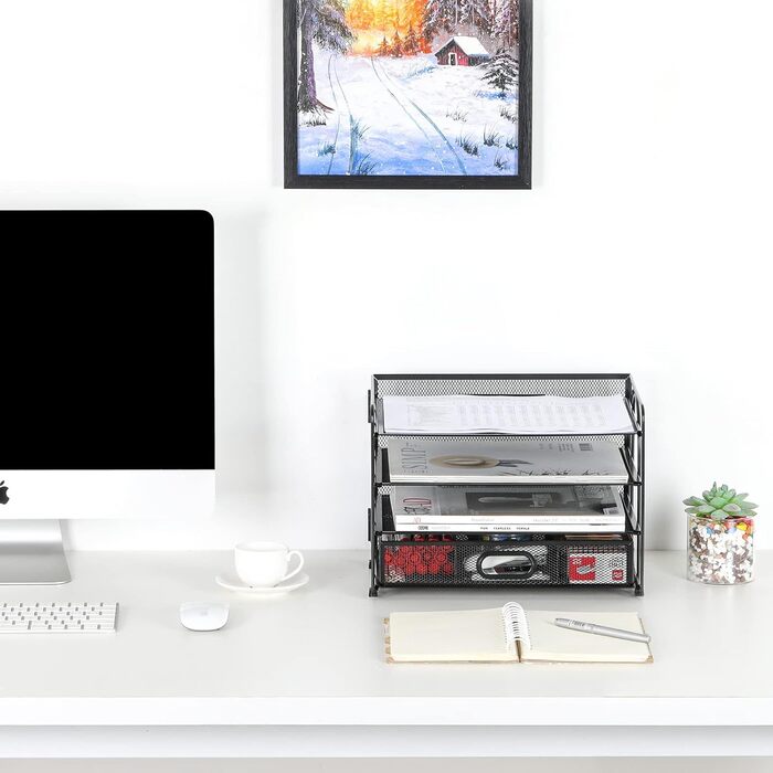 Металевий офісний органайзер EasyPAG з 4 відділеннями формату A4, тримач для документів, лоток для файлів, тримач для журналів, лоток для листів, органайзер для паперових журналів з шухлядою для канцелярського приладдя, чорний