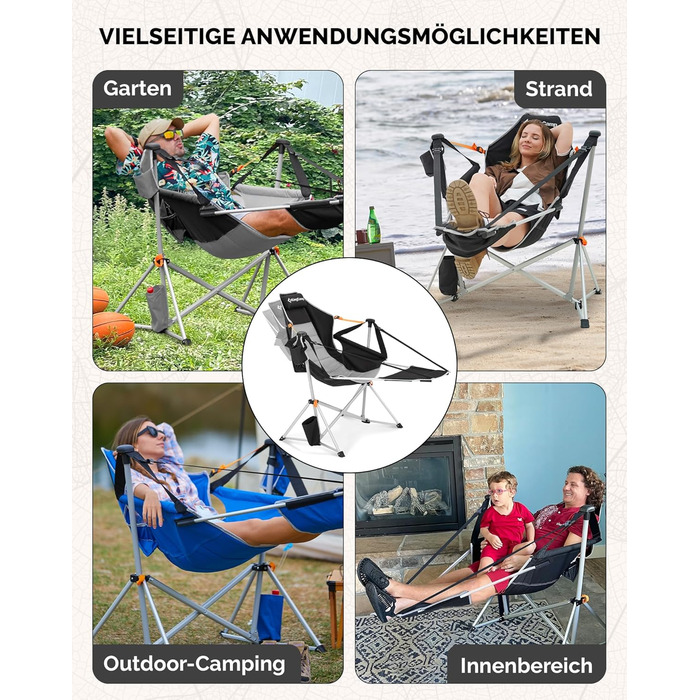 Легке крісло-гойдалка для кемпінгу KingCamp, складне крісло-гойдалка для кемпінгу з 3 регульованими спинками, розкладне вуличне крісло-гойдалка з тримачем для напоїв, підвісне крісло-гойдалка для використання в приміщенні, вітальня, сад, патіо, чорне з пі