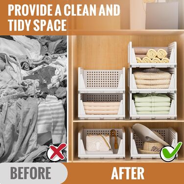 Органайзер для гардеробу, штабелюваний органайзер для одягу на 4 предмети, висувна складна система зберігання одягу для гардеробу, спальні, кухні та іграшок, білий, 4 шт., великий