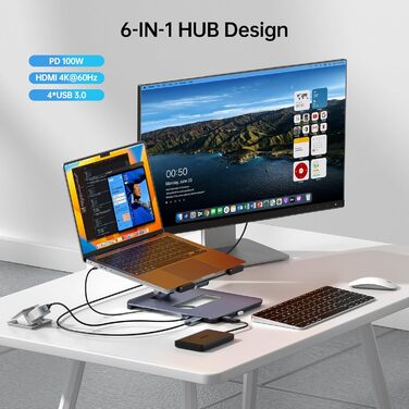 Алюмінієва підставка для ноутбука з USB-C док-станцією 6-в-1, HDMI 4K60Hz, 4*USB3.0, 100W PD, сумісна з MacBook Pro/Air, iPad Pro, XPS, Thinkpad