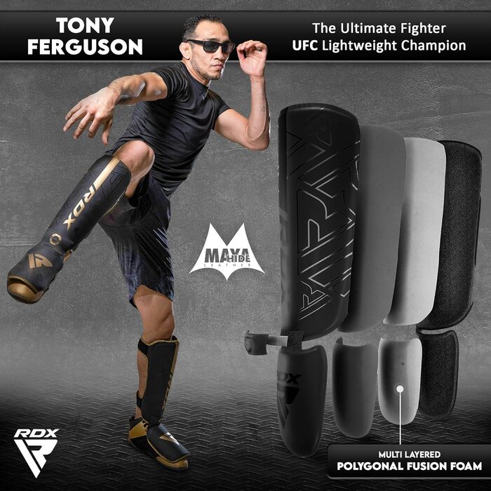 Щитки для гомілок RDX для тайського боксу, кікбоксингу, бойових мистецтв, тренувань змішаних бойових мистецтв (MMA), Maya Hide, шкіри, кара, захисту гомілок, муай-тай, крав-мага, спарингу, бразильського джиу-джитсу, карате та бойових мистецтв, захисту ніг