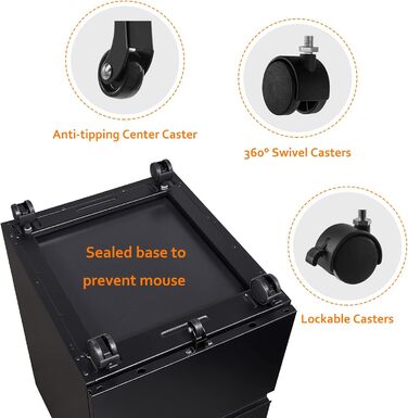 Мобільна шафа для документів, що замикається, офісна шафа, металева шафа, картотечна шафа, шафа для зберігання речей, бічна шафа, шафа з шухлядами, офісний комод для документів, 39 x 50 x 62 см, чорний, 3 шухляди