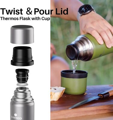 Термос SANTECO з нержавіючої сталі 1 л/1000 мл, герметична ізольована пляшка з чашкою для пиття в дорозі, термос для гарячих напоїв, кави та чаю, під час спорту, без BPA, зберігає напої холодними протягом 24 годин та гарячими протягом 12 годин, сріблястий