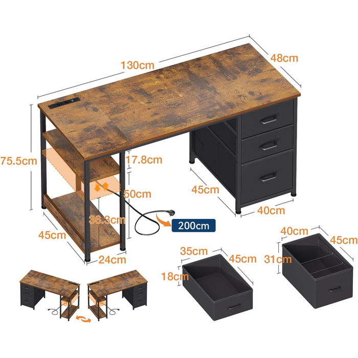 Письмовий стіл Coleshome з тканинними шухлядами, 130x48 см, комп&39ютерний стіл з 2 розетками та 2 портами USB для зарядки, ПК-стіл з полицею, двосторонній офісний стіл для офісу, вітальня, коричневий, 130x48x75,7 см