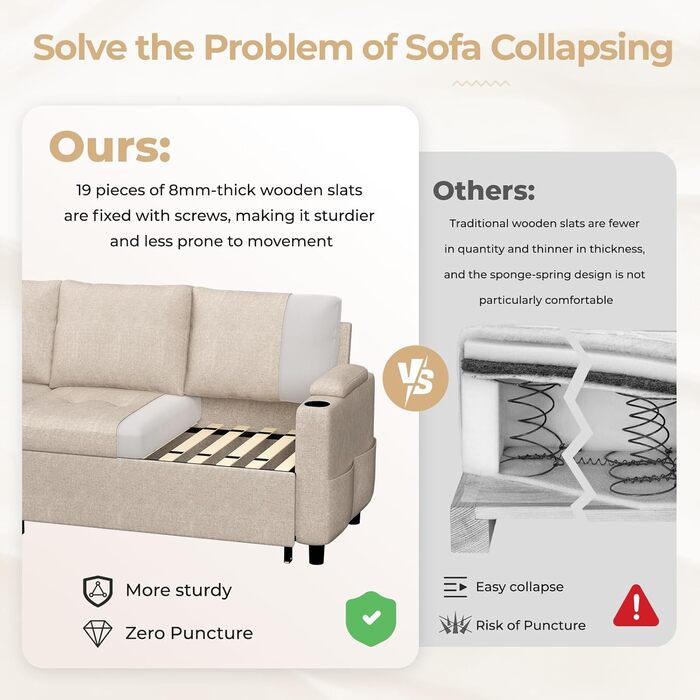Диван-ліжко 3-в-1, Розкладний шезлонг-диван, Шкіряний диван-ліжко з місцем для зберігання, USB-портами та підставками для чашок, Розкладний диван для вітальні та квартири, Бежевий