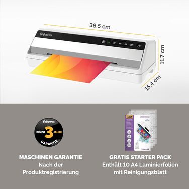 Ламінатор Fellowes Saturn A4 для офісу InstaHeat, час прогріву 60 секунд, усунення застрягання, автоматичне вимкнення для ламінаторів 80/100/125 мікрон включає 10 пакетів для ламінатора для дому та офісу (один блок)