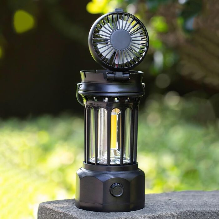 Ліхтар для кемпінгу, портативний багатофункціональний ліхтар з акумулятором 1200 мАг, складний вентилятор та зарядка через порт Type-C, 250 люмен, ABS хромоване залізо, чорний/білий