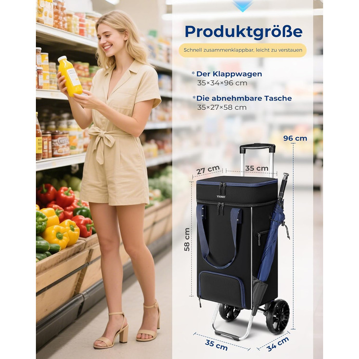 Складний візок для покупок Ytonet з термосумкою, великий водонепроникний візок на міцній основі (55 літрів / 68 кг), 3-в-1 візок-трансформер, сумка-візок та ручна сумка з великими колесами, чорний