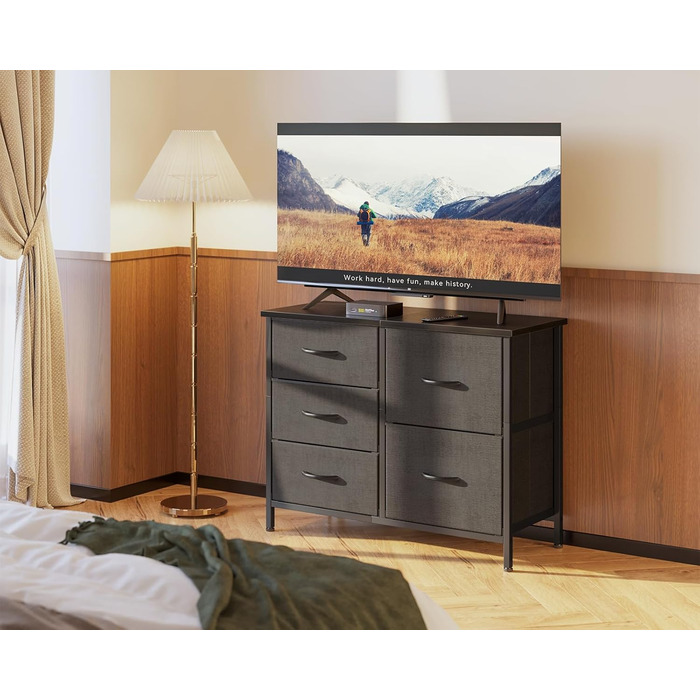 Комод Coleshome з 5 тканинними шухлядами, комод з 2 великими та 3 малими шухлядами, дерев&39яна стільниця, міцний сталевий каркас, підходить для спальні та вітальні, 76 x 29 x 60 см, чорний