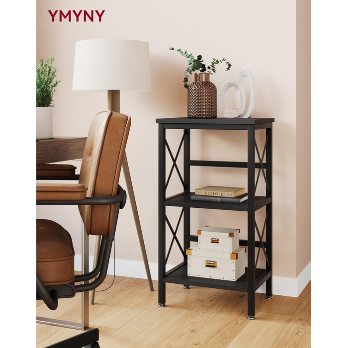 Книжкова полиця YMYNY, окремостояча полиця з 3 полицями, міцна X-подібна рама, регульовані ніжки, легке складання, 402975 см, для вітальні, спальні, кухні, кабінету, ванної кімнати, чорна HST008B