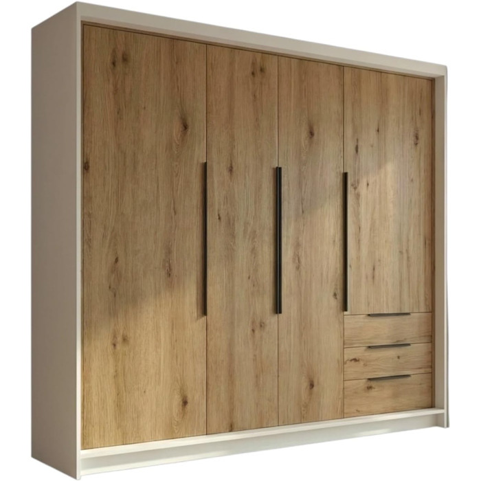 Шафа, 4-дверна з 3 шухлядами 200 x 215 см Шафа з відкидними дверима, рейкою для одягу та полицями, колір K. білий/T. sonoma/S. sonoma