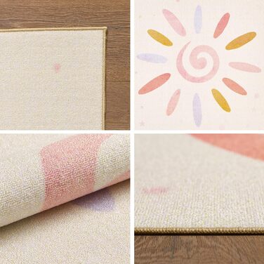 Коротковорсовий дитячий килим для хлопчиків і дівчаток 140 x 200 см Кремовий дизайн сонце і зірки - Килим, що миється Дуже м'який